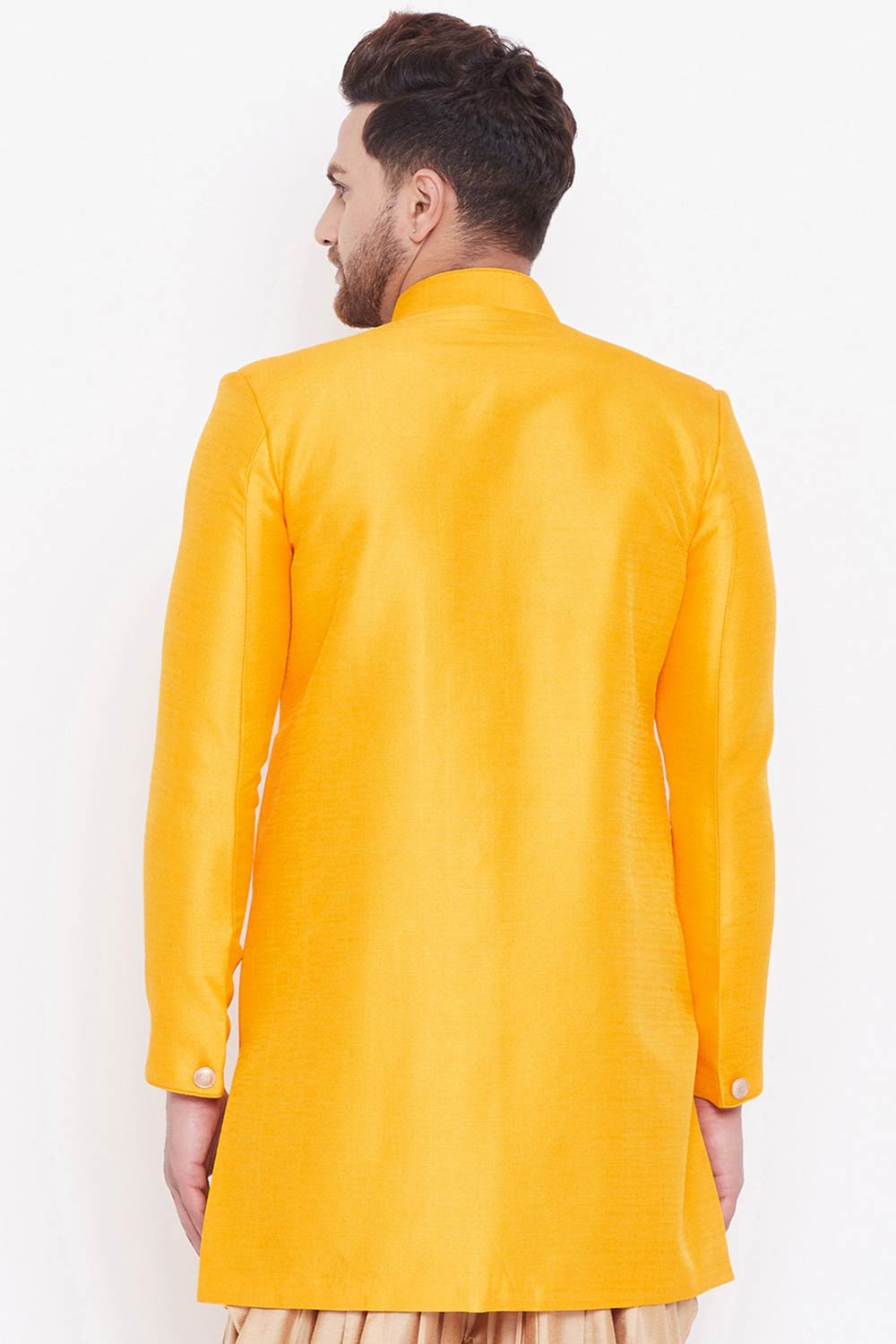 Buy Men's Blended Silk Solid Sherwani in Mustard - Back