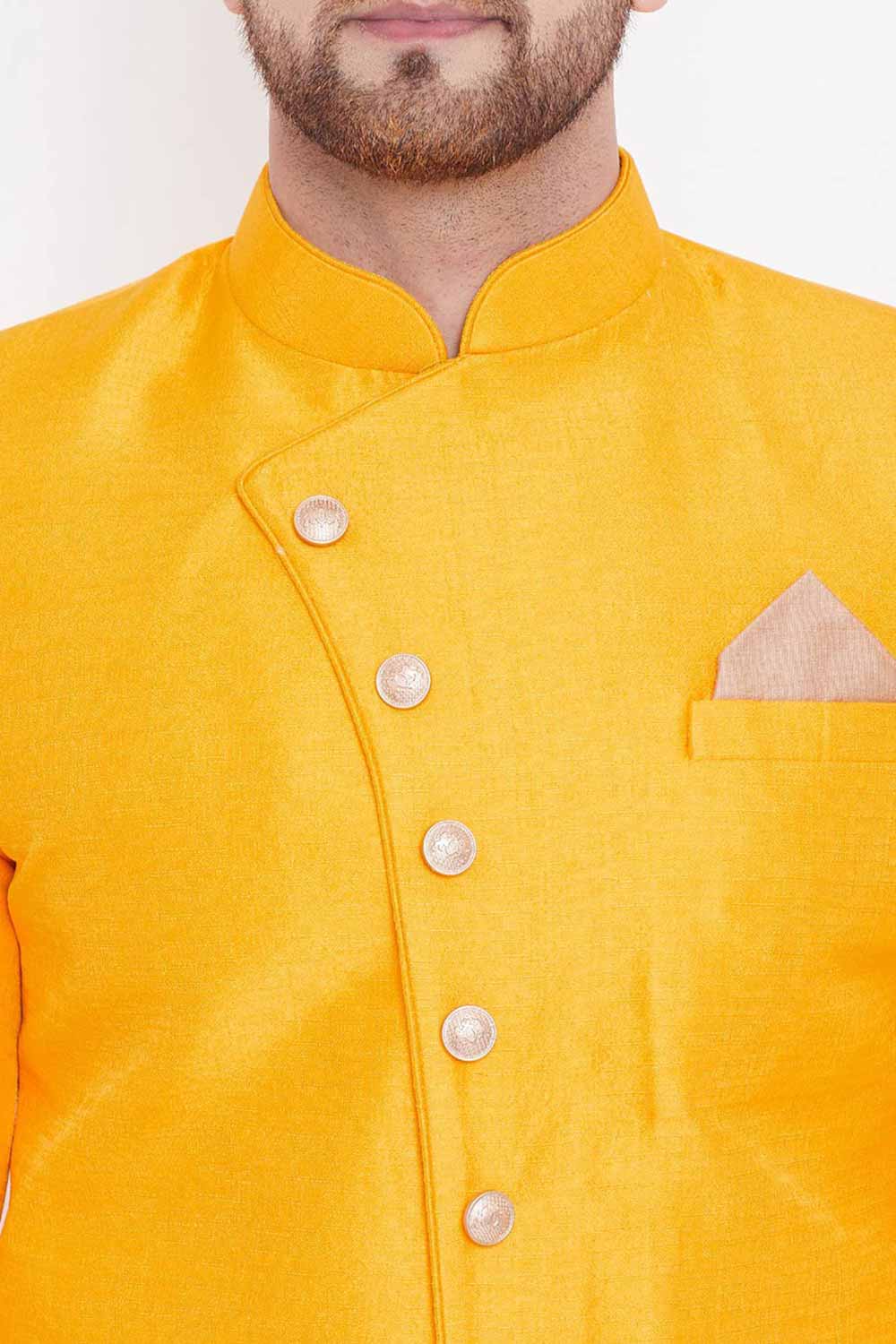 Buy Men's Blended Silk Solid Sherwani in Mustard - Side