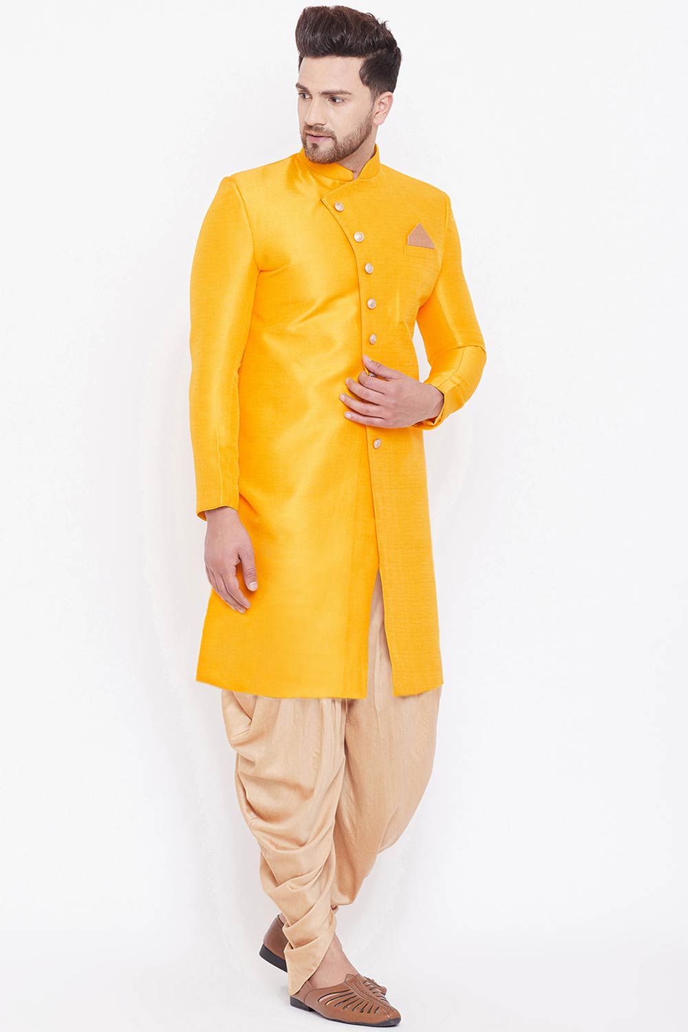 Buy Men's Blended Silk Solid Sherwani in Mustard - Online
