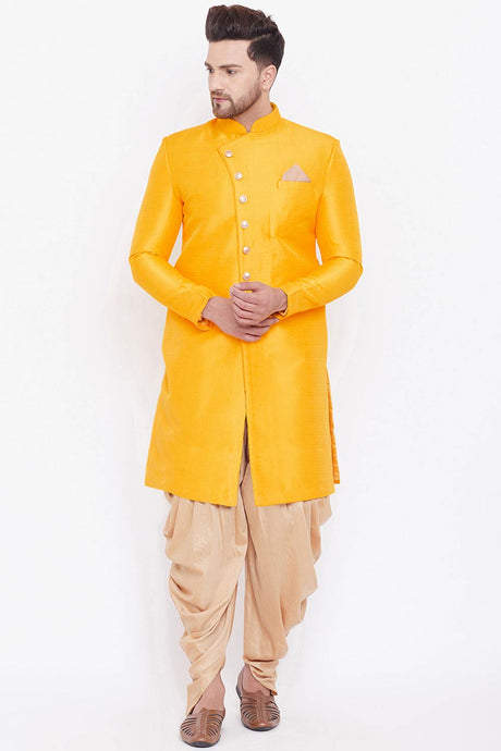 Buy Men's Blended Silk Solid Sherwani Set in Mustard And Rose Gold