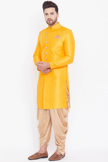 Buy Men's Blended Silk Solid Sherwani Set in Mustard And Rose Gold - Front