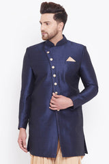 Buy Men's Blended Silk Solid Sherwani in Navy Blue