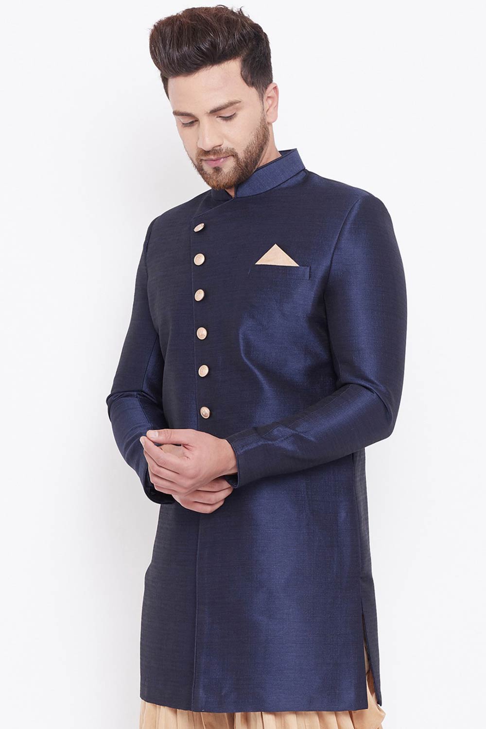 Buy Men's Blended Silk Solid Sherwani in Navy Blue - Front