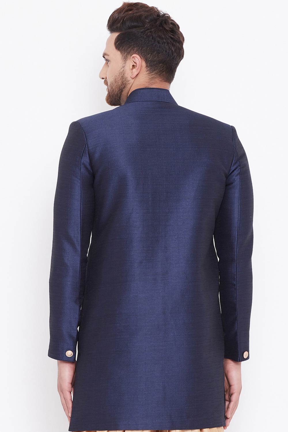 Buy Men's Blended Silk Solid Sherwani in Navy Blue - Back