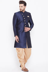 Buy Men's Blended Silk Solid Sherwani in Navy Blue - Online