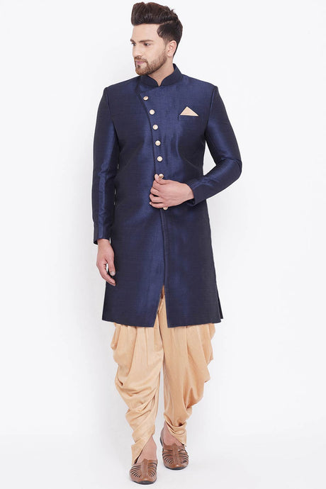 Buy Men's Blended Silk Solid Sherwani Set in Navy Blue And Rose Gold