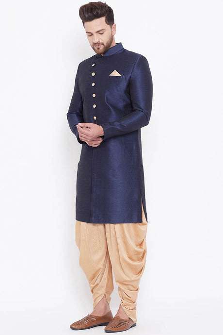 Buy Men's Blended Silk Solid Sherwani Set in Navy Blue And Rose Gold - Front