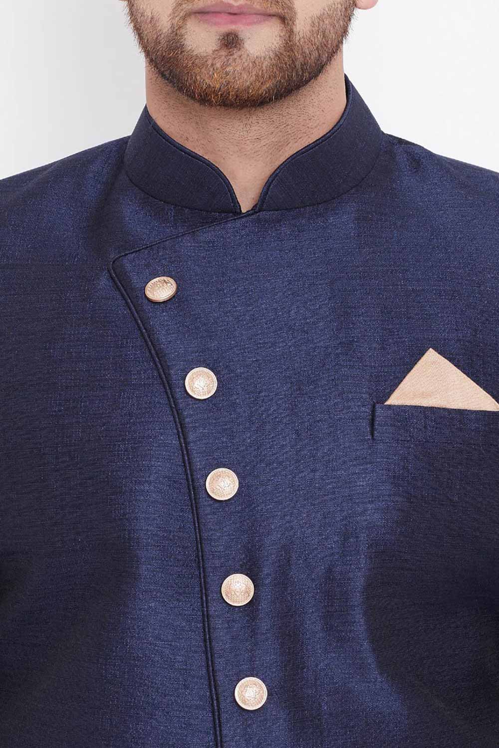 Buy Men's Blended Silk Solid Sherwani Set in Navy Blue And Rose Gold - Back