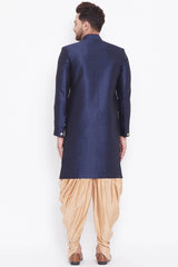 Buy Men's Blended Silk Solid Sherwani Set in Navy Blue And Rose Gold - Side