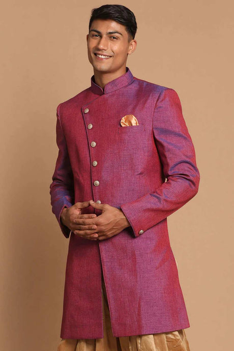 Men's Purple Angrakha Style Jute Royal Silk Blend Sherwani Only Top
