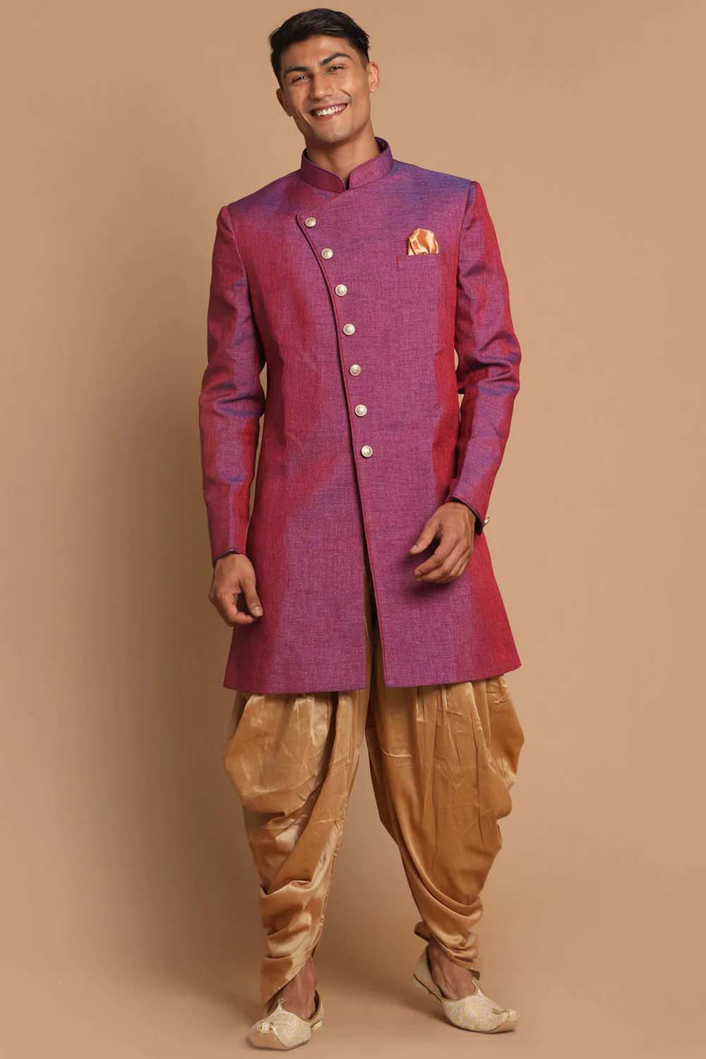 Men's Purple And Gold Angrakha Style Jute Royal Silk Blend Sherwani Set