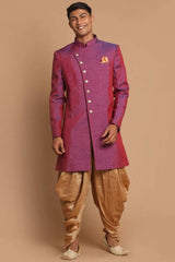 Men's Purple And Gold Angrakha Style Jute Royal Silk Blend Sherwani Set