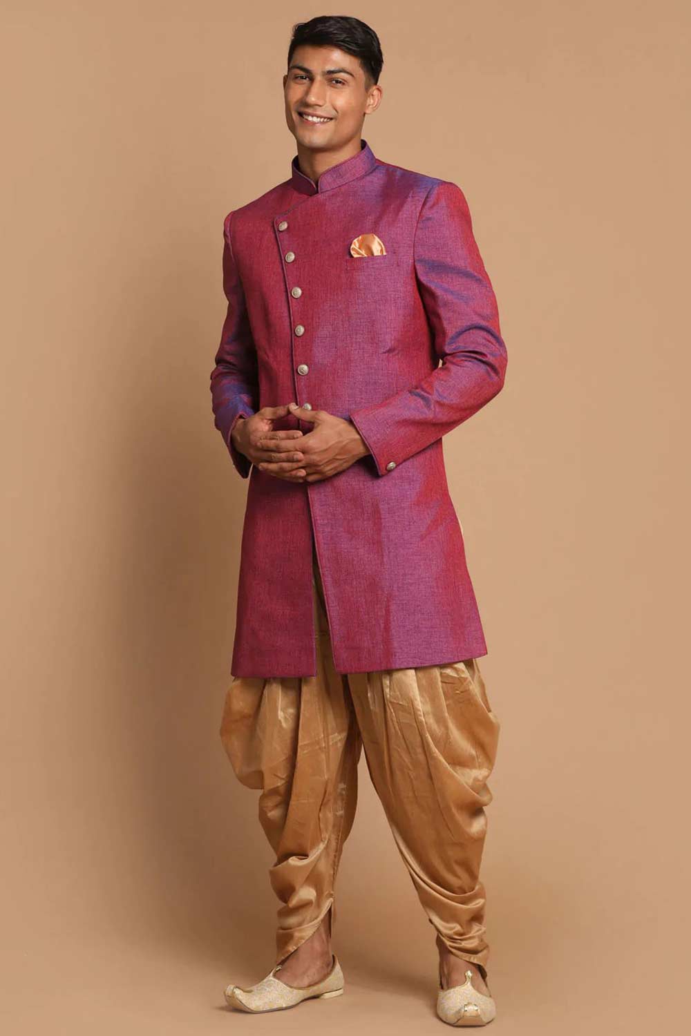 Men's Purple And Gold Angrakha Style Jute Royal Silk Blend Sherwani Set