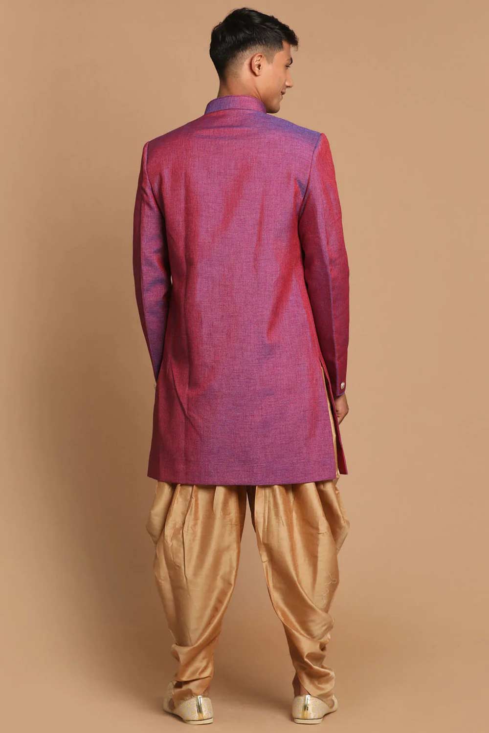 Men's Purple And Gold Angrakha Style Jute Royal Silk Blend Sherwani Set