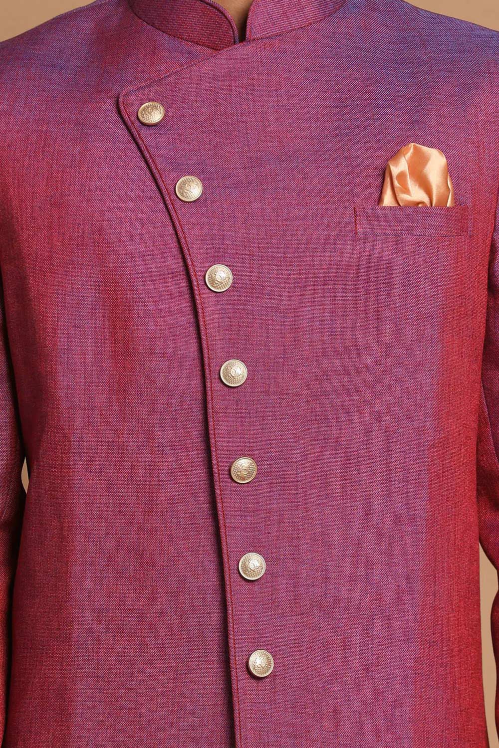 Men's Purple And Gold Angrakha Style Jute Royal Silk Blend Sherwani Set