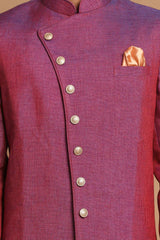 Men's Purple And Gold Angrakha Style Jute Royal Silk Blend Sherwani Set