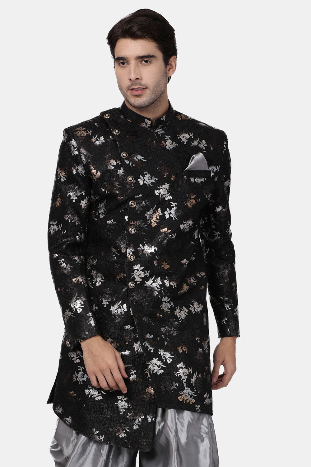 Men's Art Silk Sherwani In Black