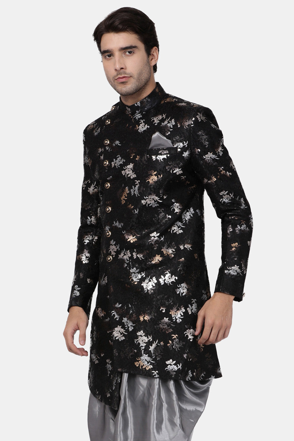 Men's Art Silk Sherwani In Black