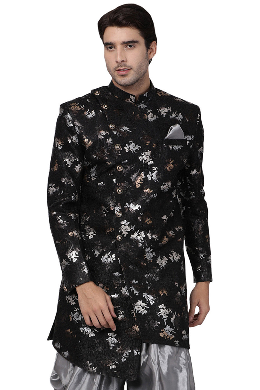 Men's Art Silk Sherwani In Black