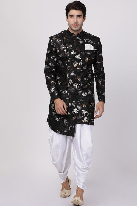 Men's Art Silk Sherwani Set in Black