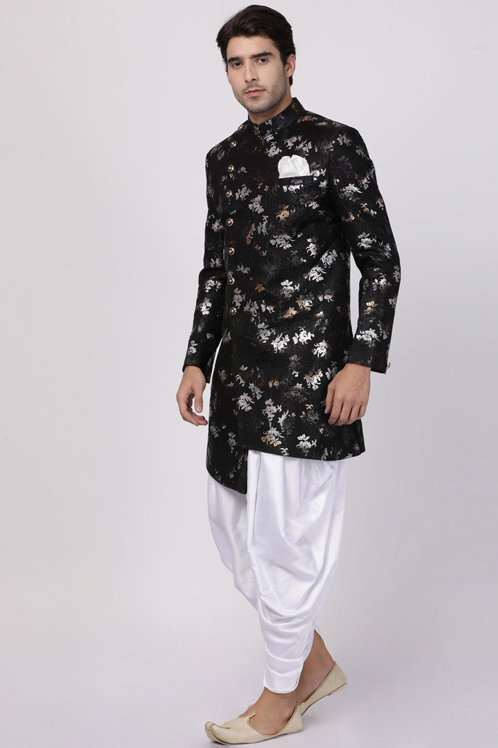 Men's Art Silk Sherwani Set In Black