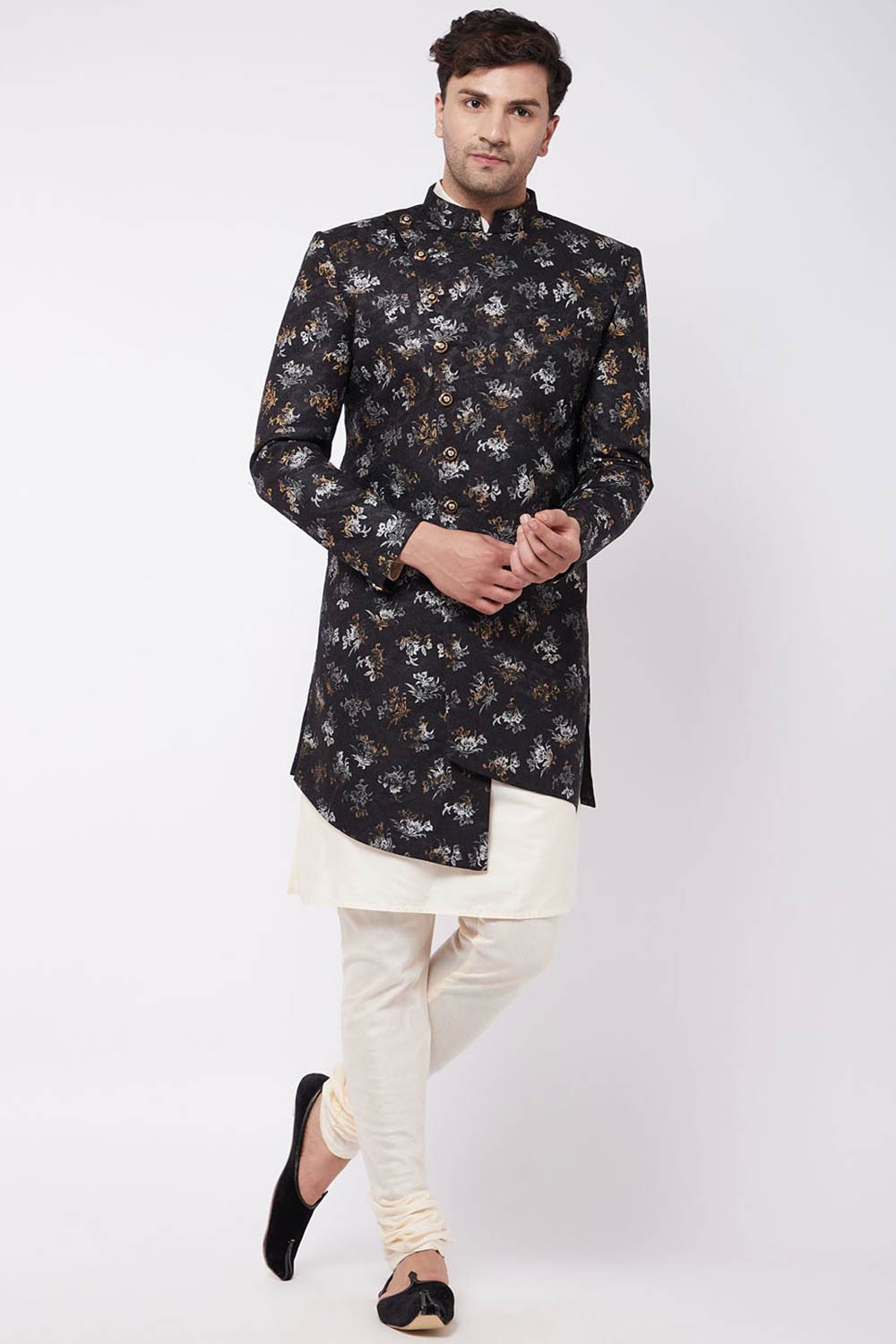 Buy Men's Viscose Foil Floral Printed Sherwani Set in Cream