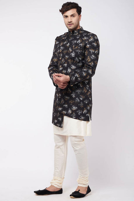 Buy Men's Viscose Foil Floral Printed Sherwani Set in Cream - Front
