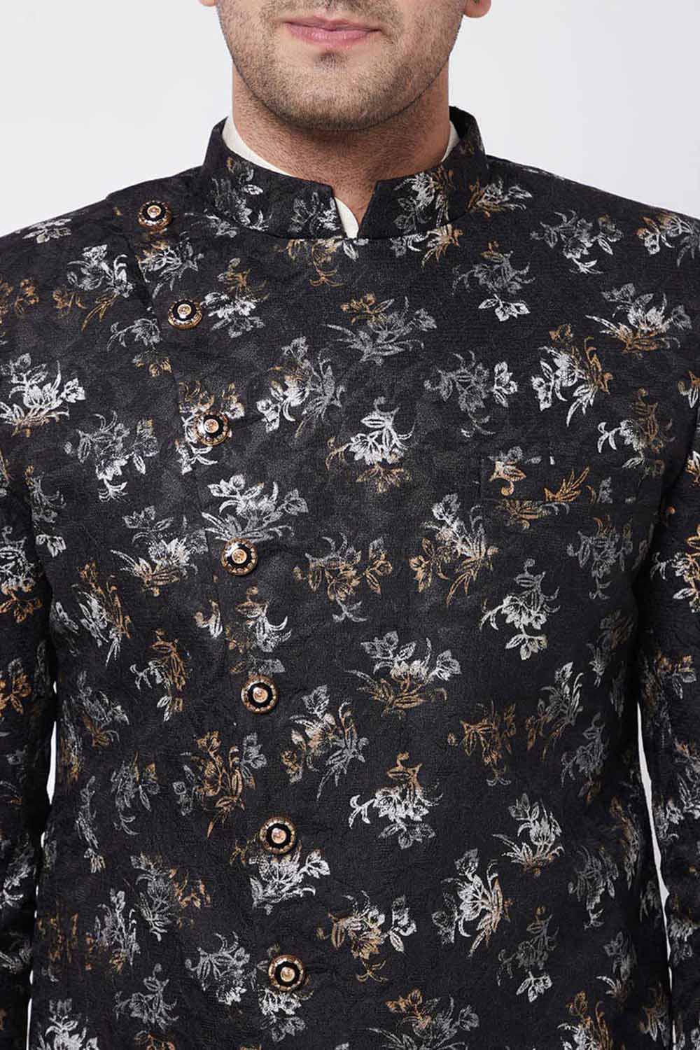 Buy Men's Viscose Foil Floral Printed Sherwani Set in Cream - Side