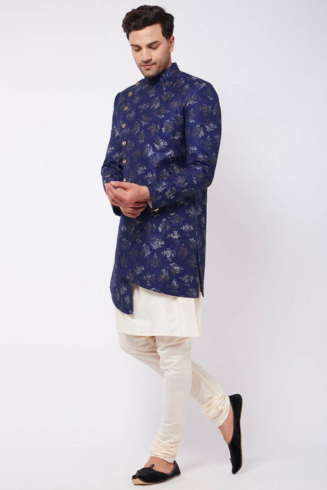Buy Men's Viscose Foil Floral Printed Sherwani Set in Cream - Front