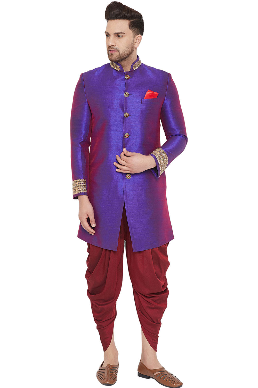 Buy Men's Art Silk Solid and Embroidered Sherwani Set in Purple