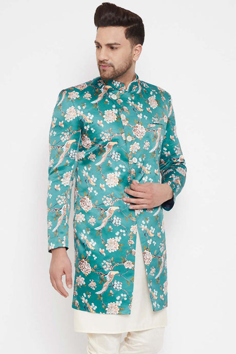 Men's Multicolor Base Blue Silk Blend Sherwani Only Top