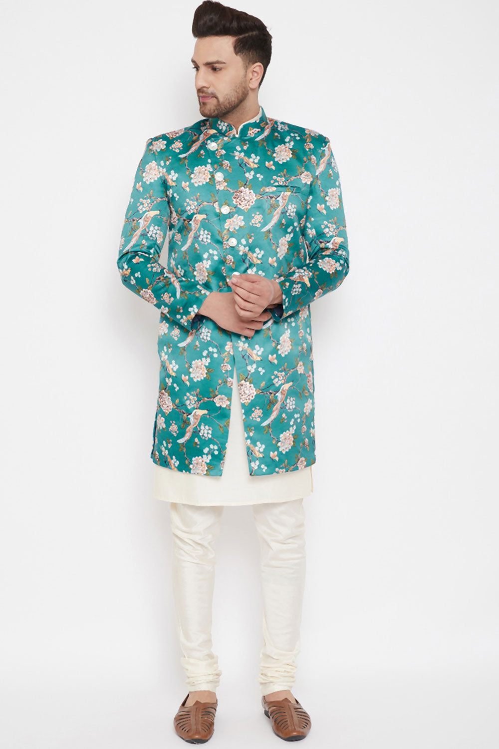 Shop Blue Floral Sherwani Set Online For Men