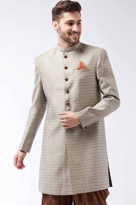 Buy Men's Blended Silk Woven Sherwani in Grey