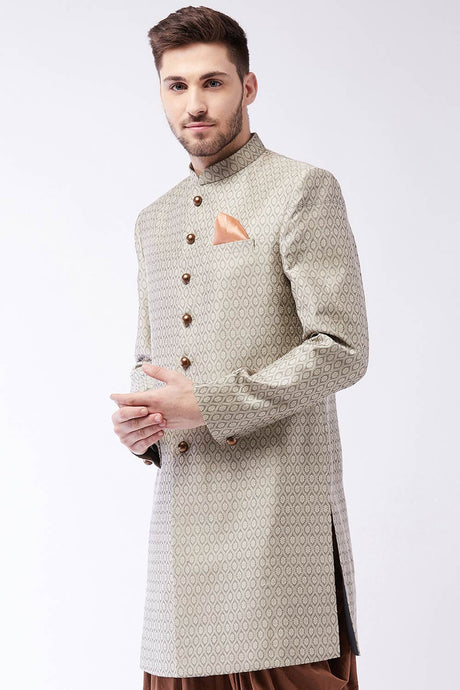 Buy Men's Blended Silk Woven Sherwani in Grey - Front