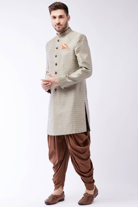 Buy Men's Blended Silk Woven Sherwani Set in Beige - Front