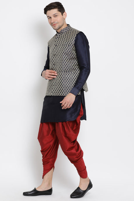 Men's Cotton Art Silk Kurta Set In Dark Blue