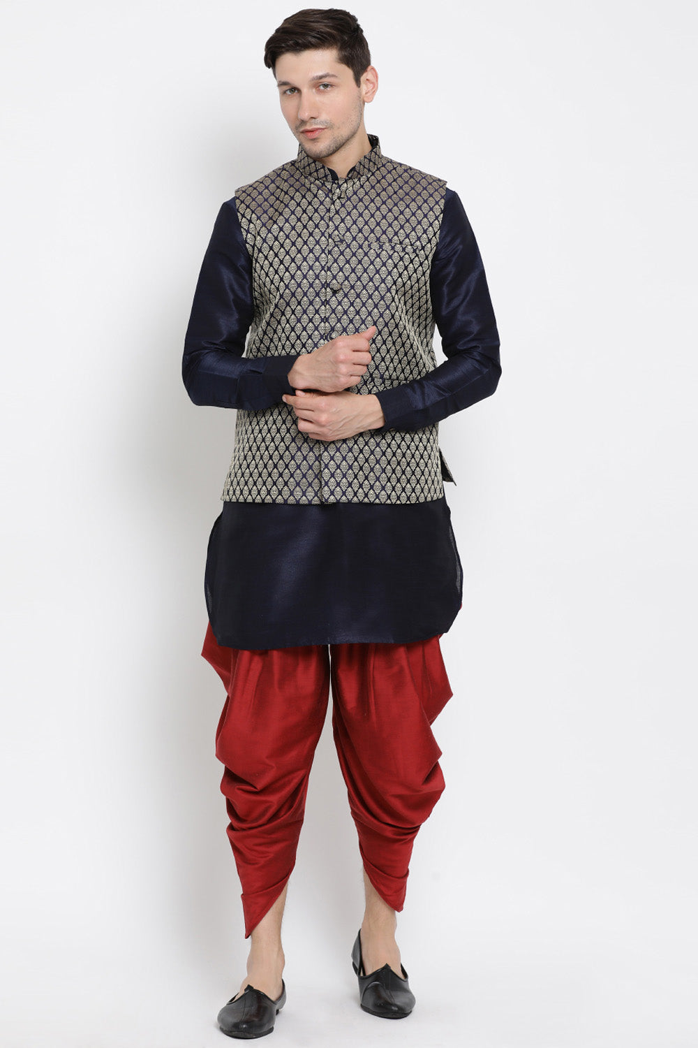 Men's Cotton Art Silk Kurta Set In Dark Blue