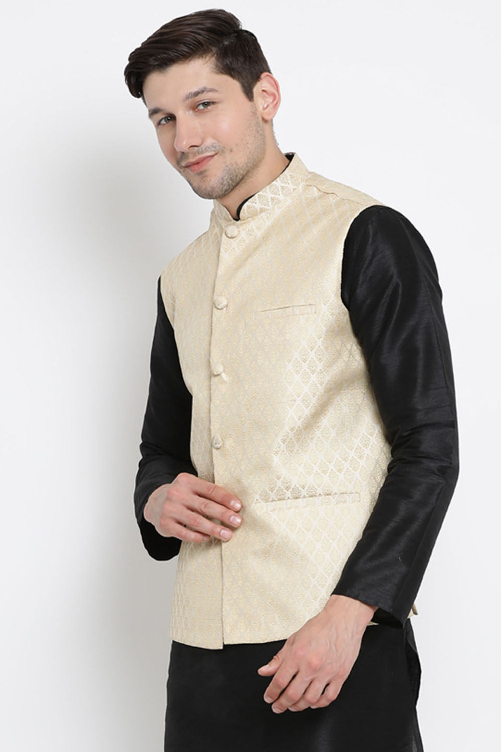 Men's Cotton Art Silk Ethnic Jacket In Beige