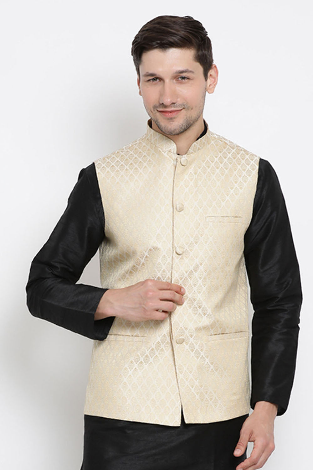 Men's Cotton Art Silk Ethnic Jacket In Beige