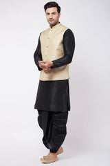 Buy Men's Blended Silk Woven Kurta Set in Black - Front