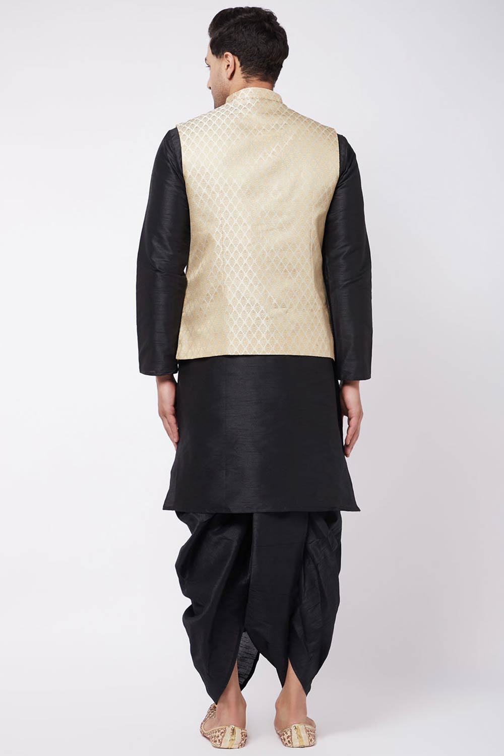 Buy Men's Blended Silk Woven Kurta Set in Black - Back