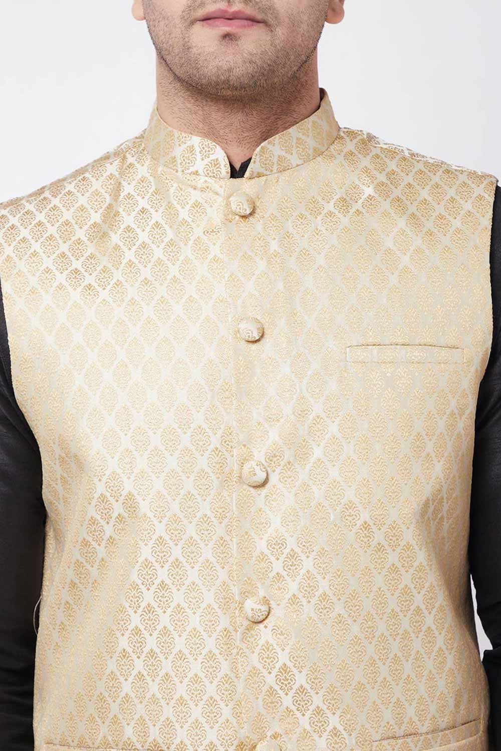 Buy Men's Blended Silk Woven Kurta Set in Black - Side