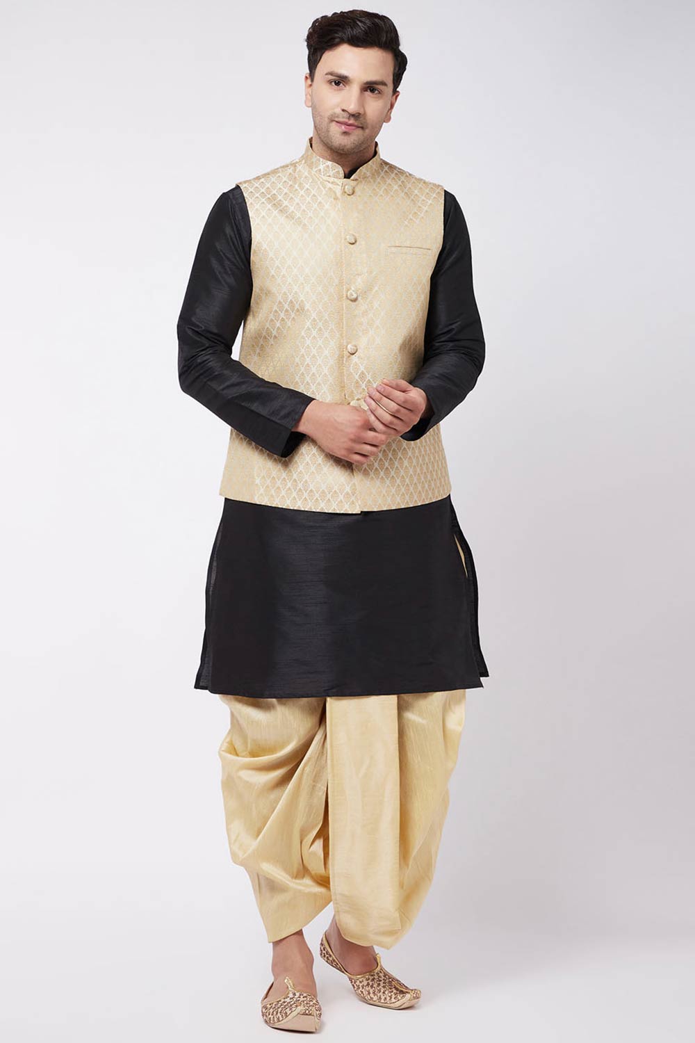 Buy Men's Blended Silk Floral Woven Kurta Set in Black