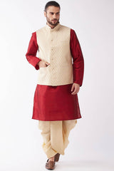 Buy Men's Blended Silk Floral Woven Kurta Set in Red