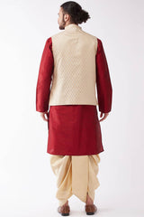 Buy Men's Blended Silk Floral Woven Kurta Set in Red - Back