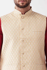 Buy Men's Blended Silk Floral Woven Kurta Set in Red - Side