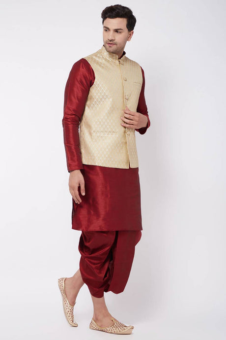 Buy Men's Blended Silk Woven Kurta Set in Maroon - Front