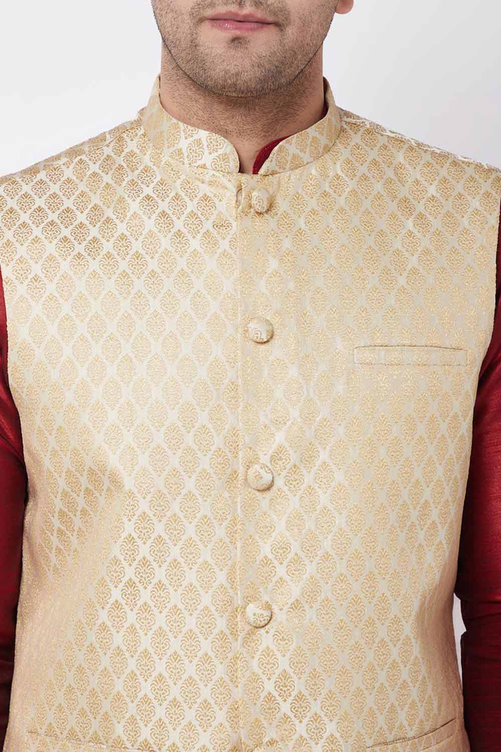 Buy Men's Blended Silk Woven Kurta Set in Maroon - Side