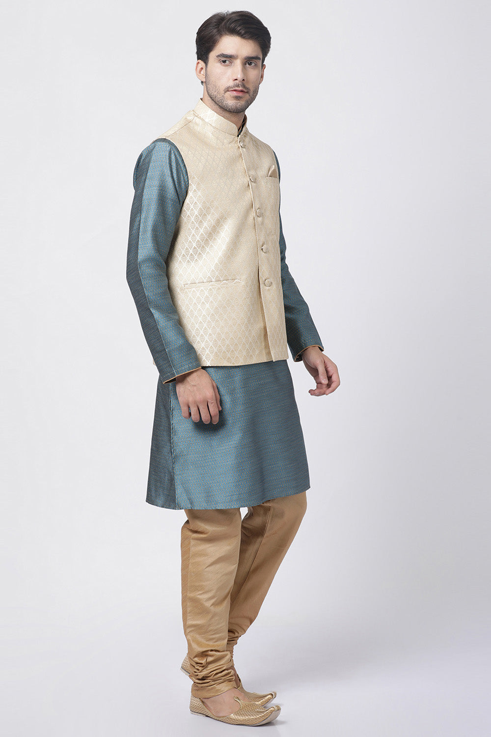 Men's Cotton Art Silk Kurta Set In Light Blue