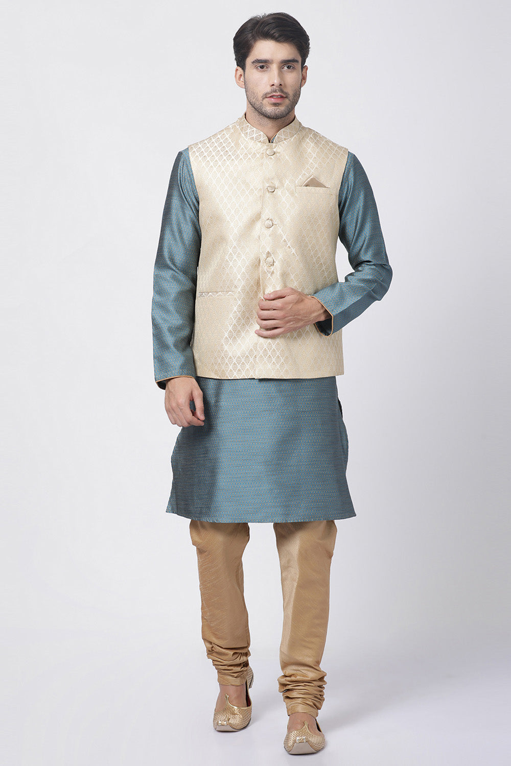 Men's Cotton Art Silk Kurta Set In Light Blue